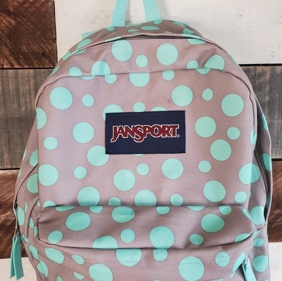 JANSPORT SuperBreak Light Teal Mint Green Gray Polka Dots Backpack - Picture 3 of 13